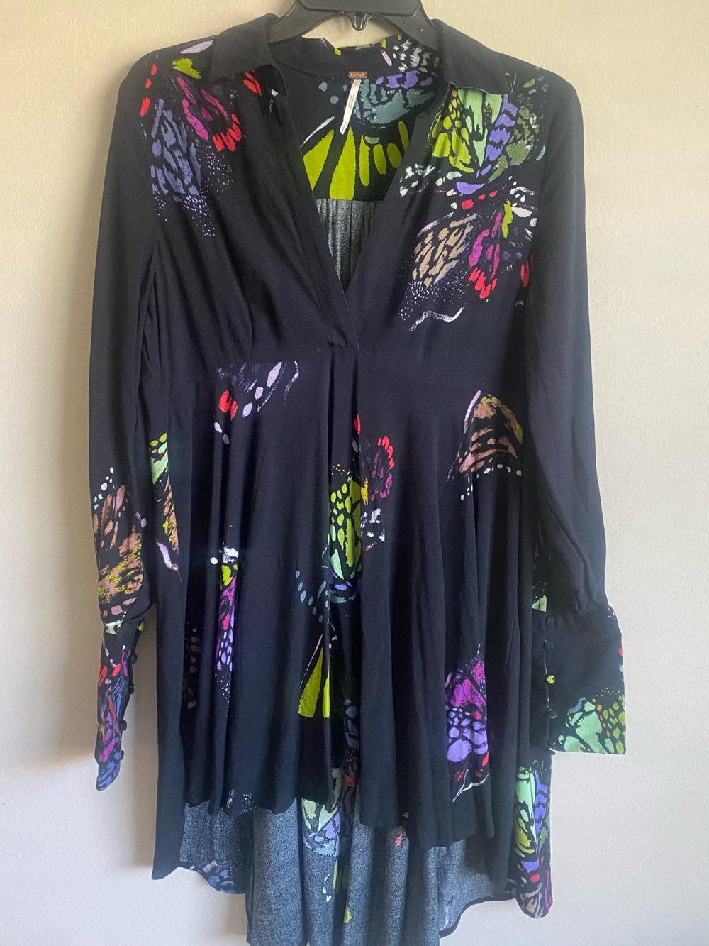 Free People Field of Butterflies Babydoll Tunic Top Black Small